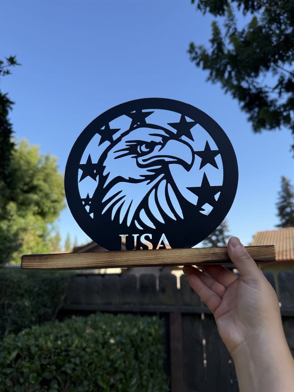 An eagle and stars cut in a steel circle above the letters USA.